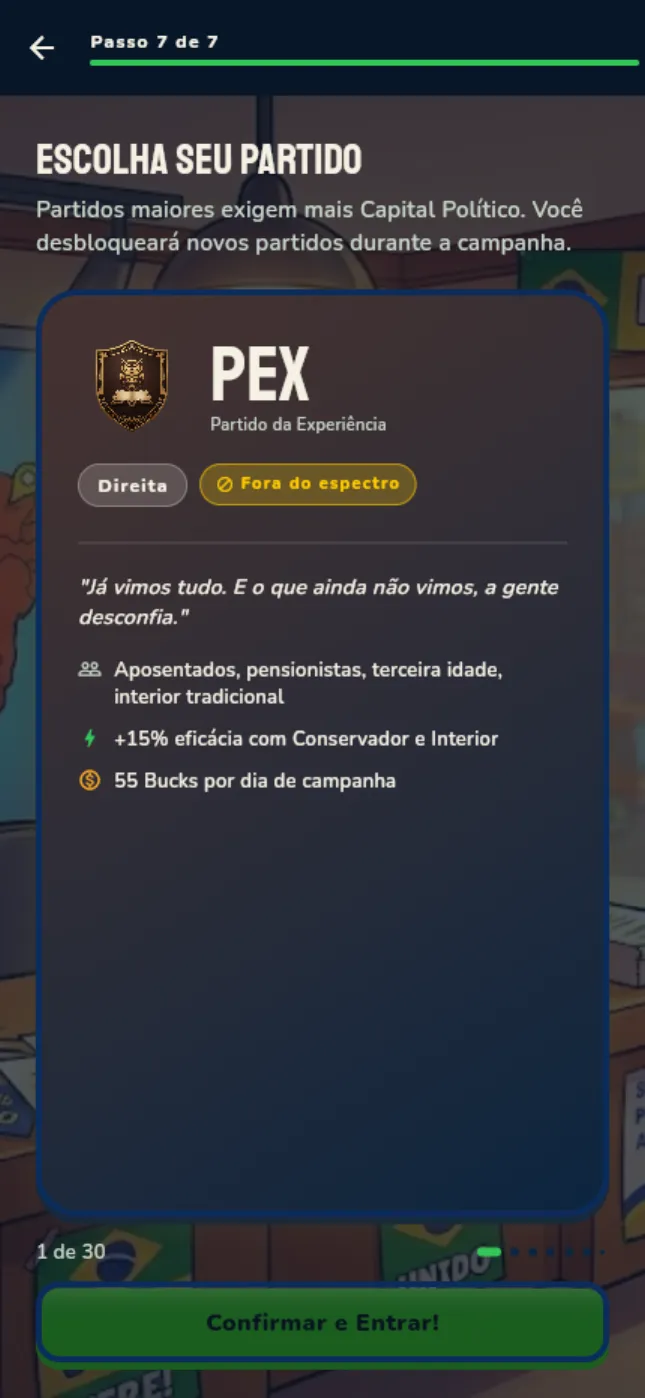 Carta de partido com espectro, base eleitoral e caixa diário