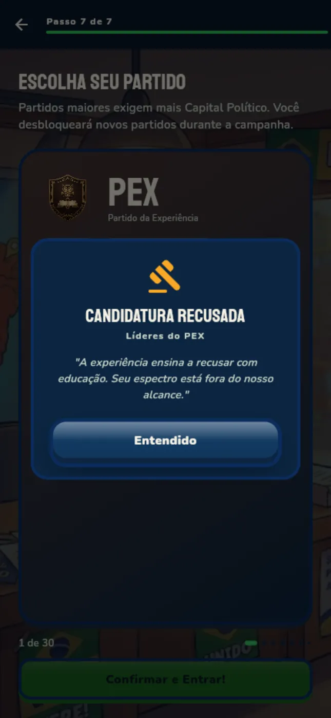 Modal de candidatura recusada por um partido